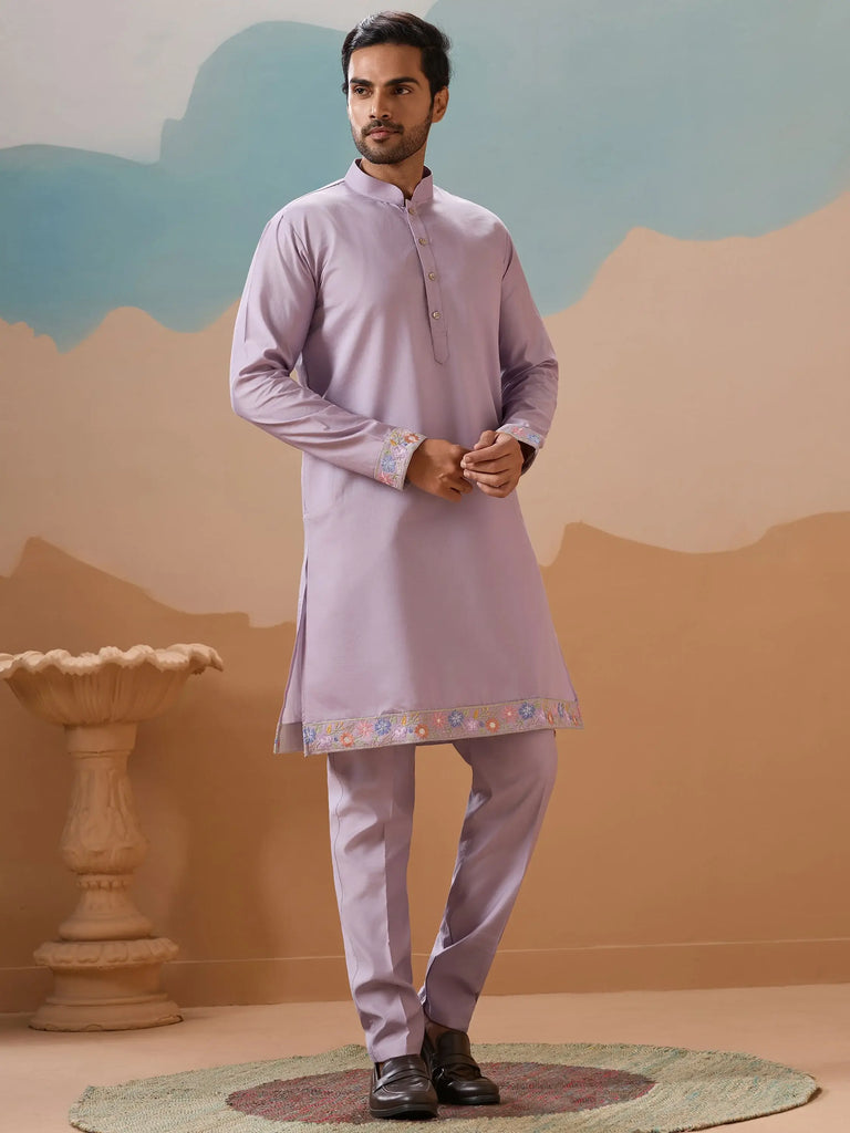 Dazzling Lavender Thread Embroidered Viscose Silk Men Kurta With Pant And Jacket