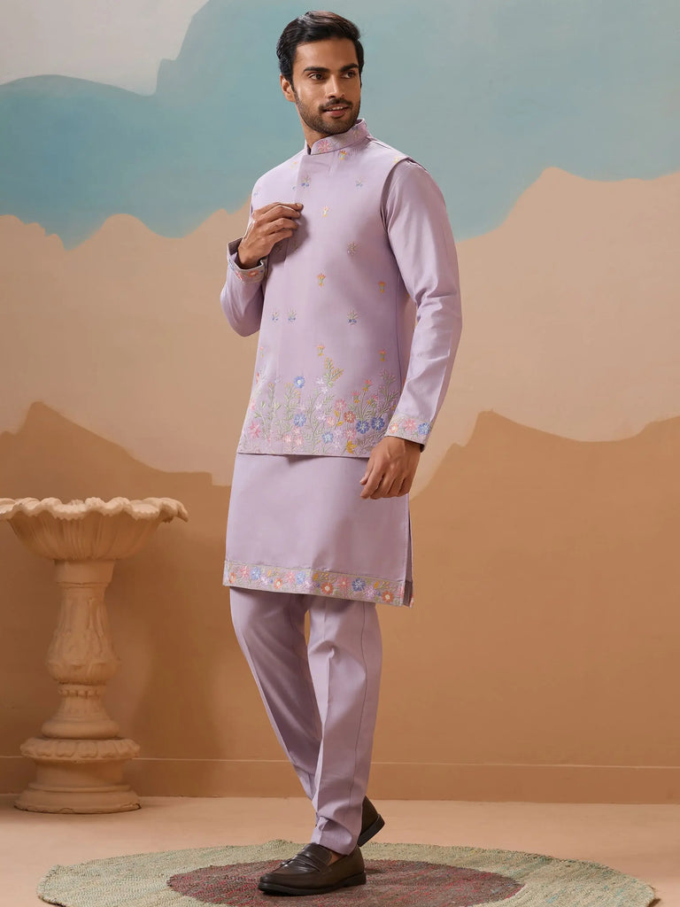 Dazzling Lavender Thread Embroidered Viscose Silk Men Kurta With Pant And Jacket
