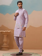 Dazzling Lavender Thread Embroidered Viscose Silk Men Kurta With Pant And Jacket