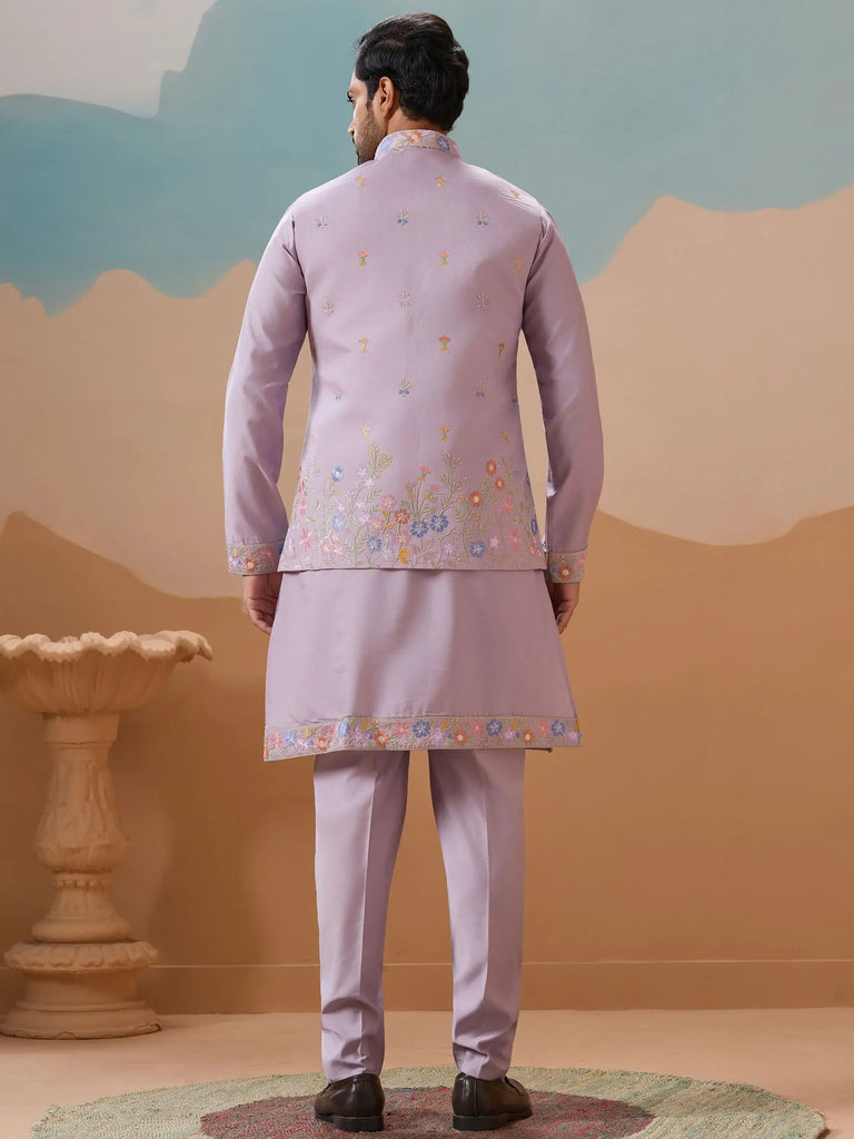 Dazzling Lavender Thread Embroidered Viscose Silk Men Kurta With Pant And Jacket