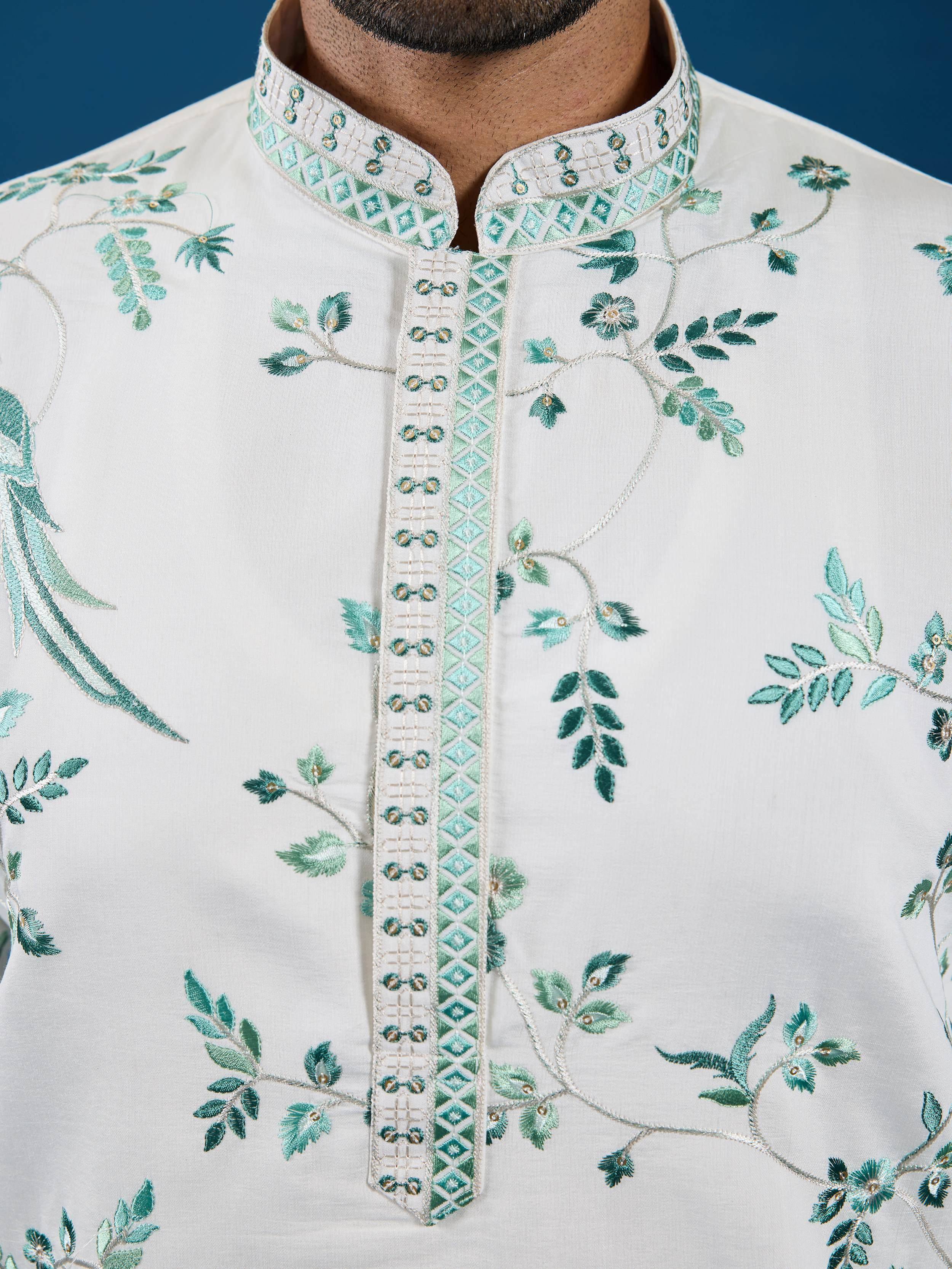 Impressive White Thread Embroidered Silk Festive Wear Men Kurta 