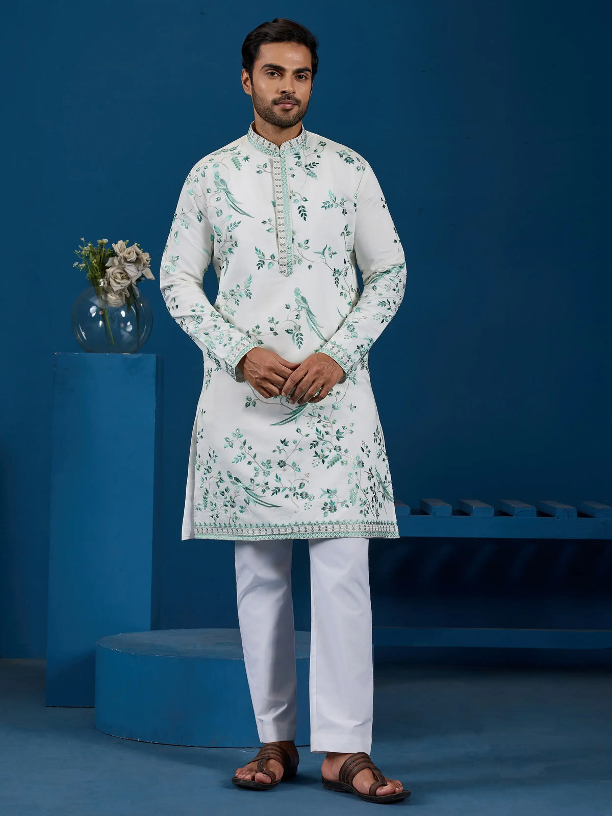 Impressive White Thread Embroidered Silk Festive Wear Men Kurta 