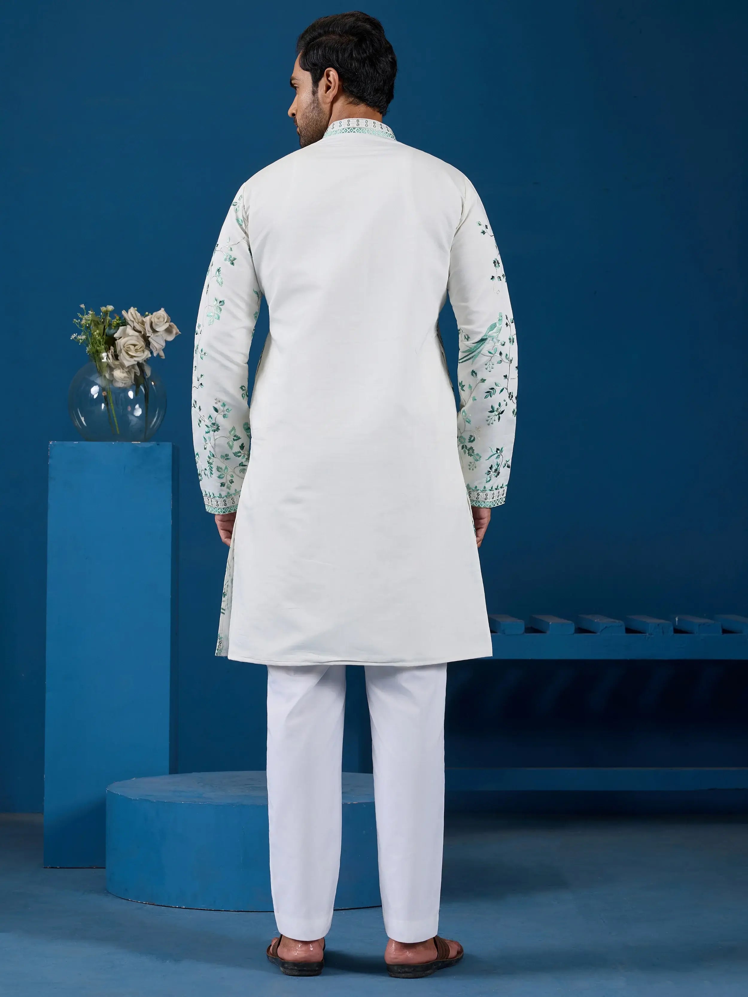 Impressive White Thread Embroidered Silk Festive Wear Men Kurta 