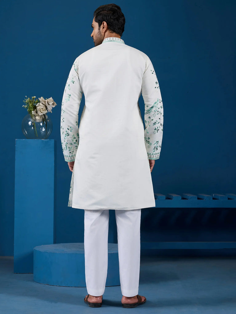 Impressive White Thread Embroidered Silk Festive Wear Men Kurta 
