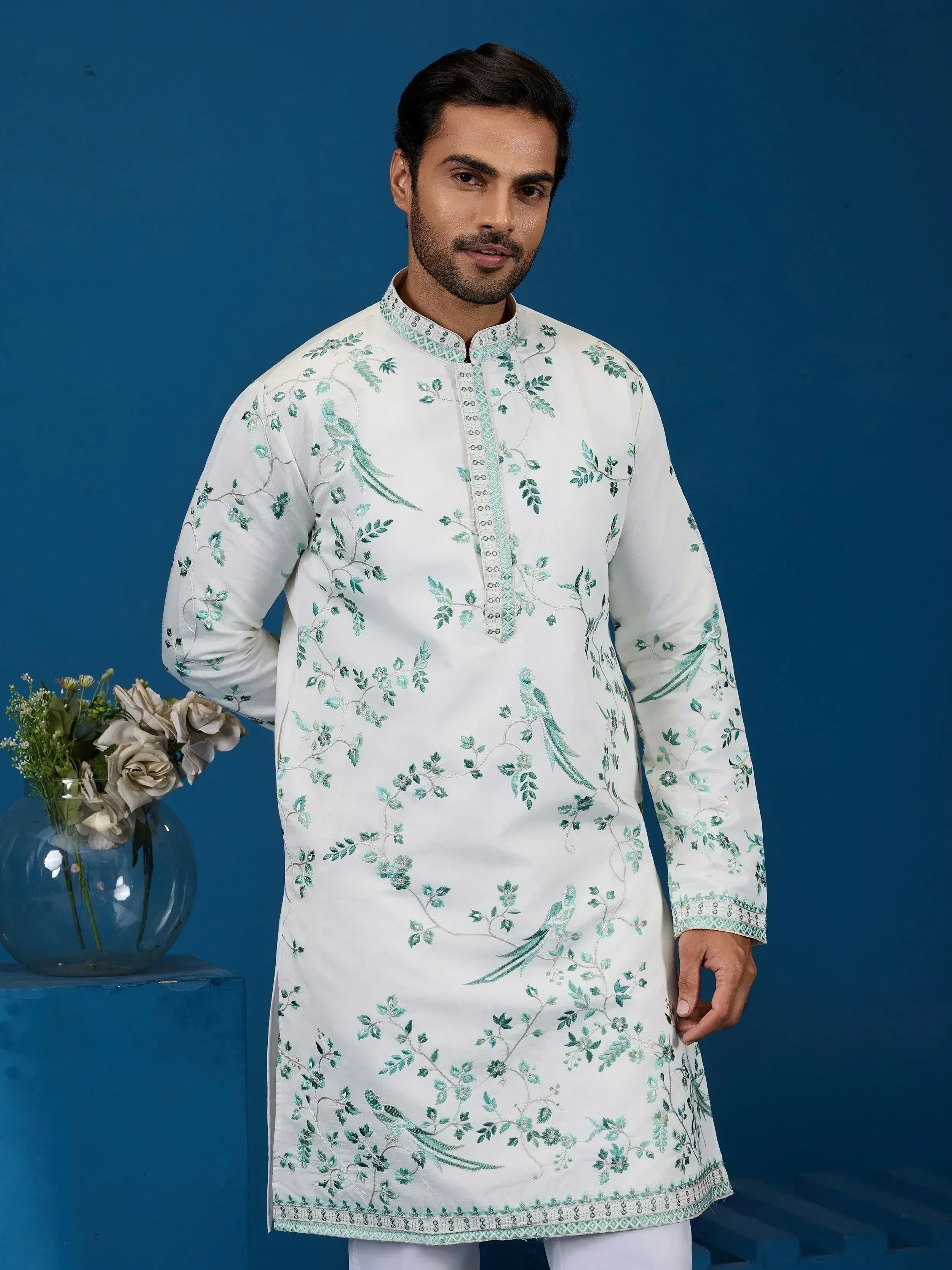 Impressive White Thread Embroidered Silk Festive Wear Men Kurta 