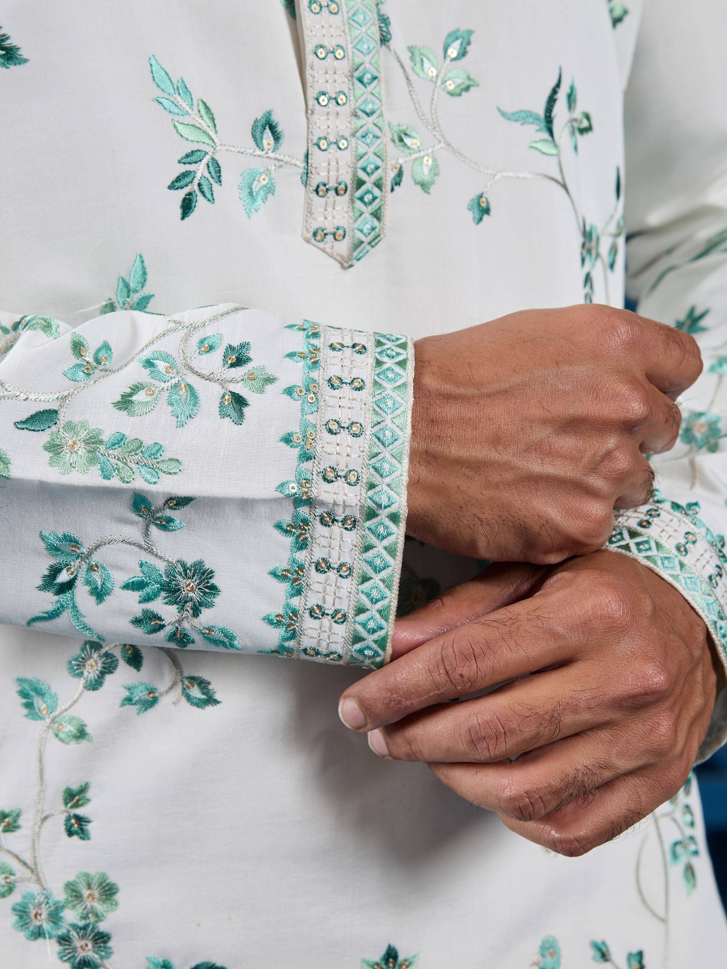 Impressive White Thread Embroidered Silk Festive Wear Men Kurta 