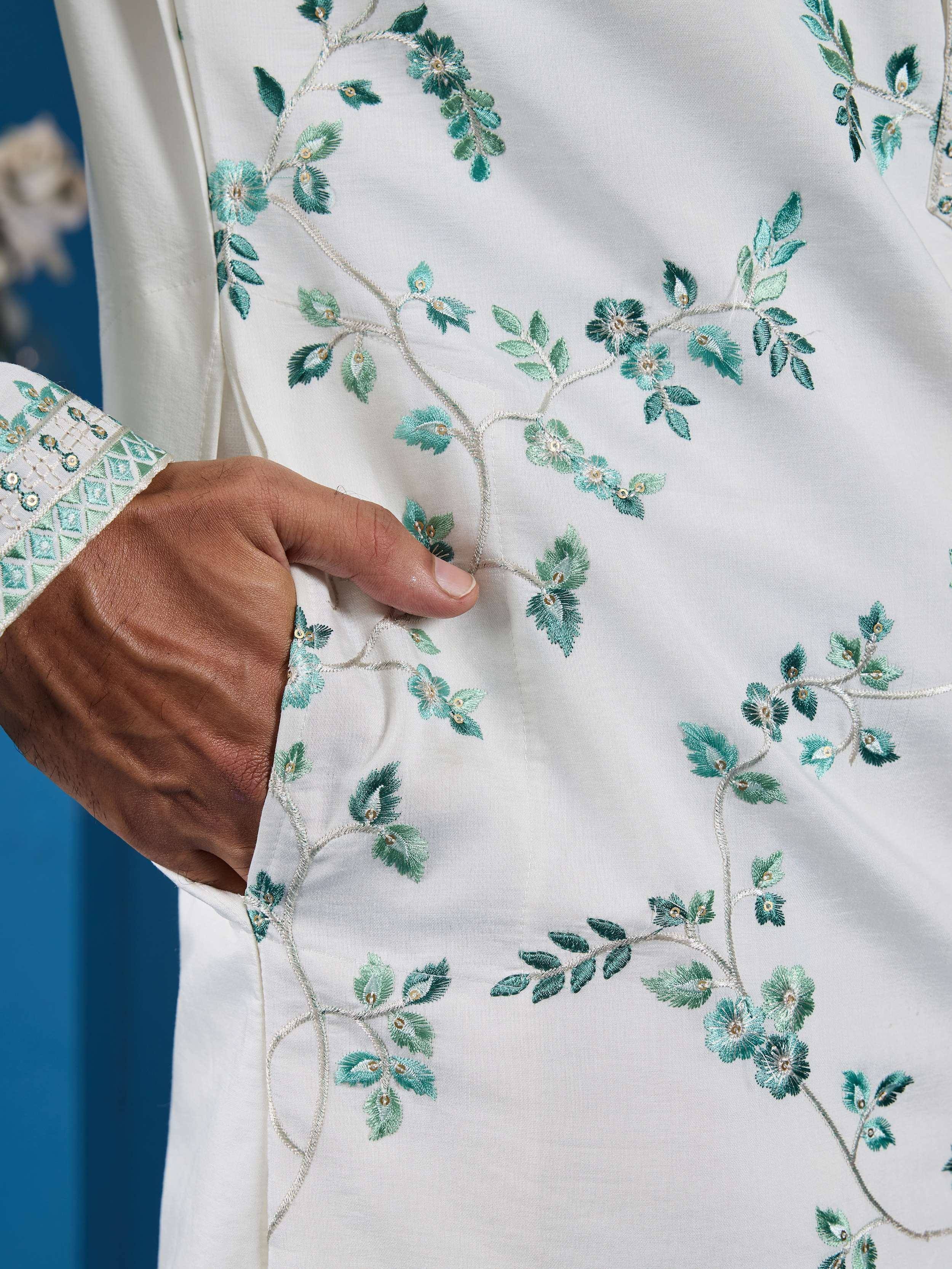 Impressive White Thread Embroidered Silk Festive Wear Men Kurta 