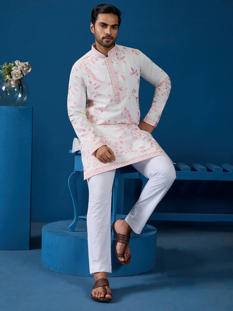 Lovely White Thread Embroidered Silk Function Wear Men Kurta 