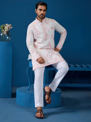 Lovely White Thread Embroidered Silk Function Wear Men Kurta 