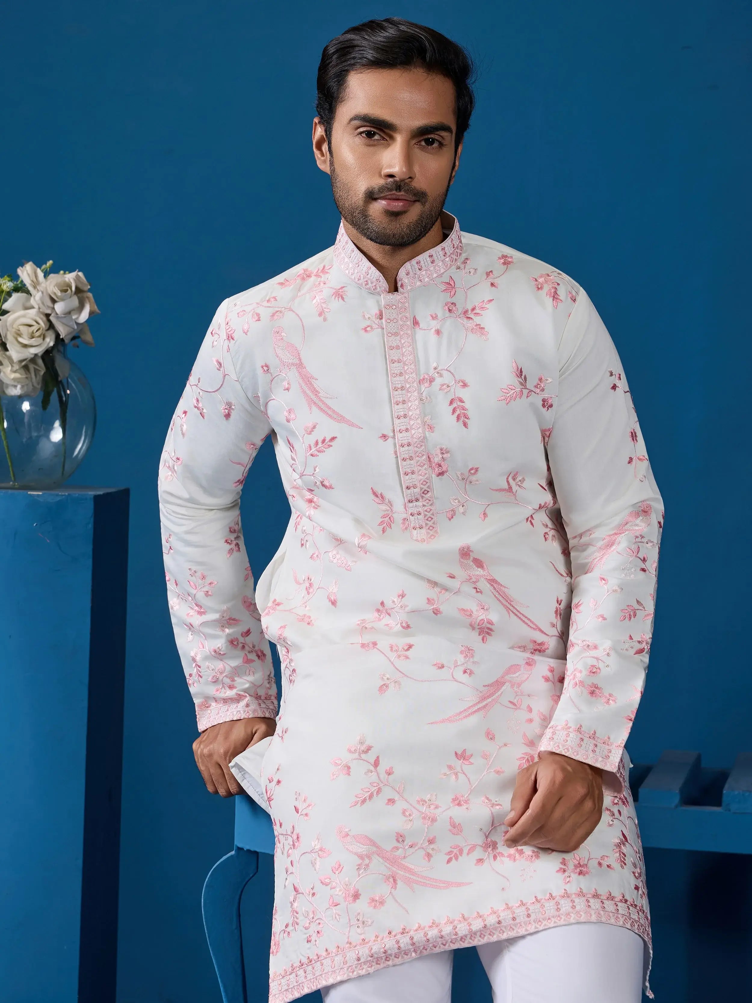 Lovely White Thread Embroidered Silk Function Wear Men Kurta 