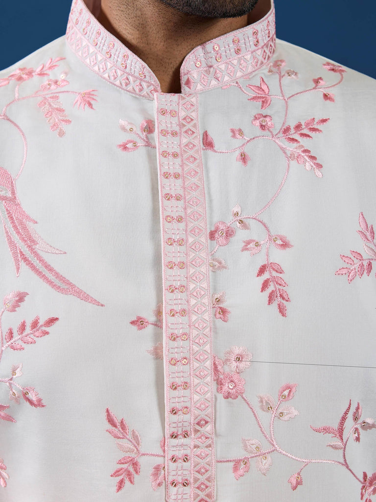 Lovely White Thread Embroidered Silk Function Wear Men Kurta 