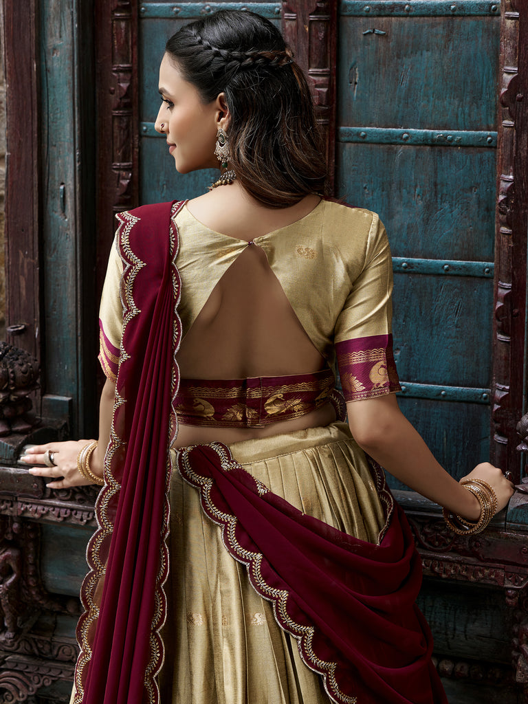 Magnificent Beige Zari Woven Silk Festive Wear Half Saree Lehenga