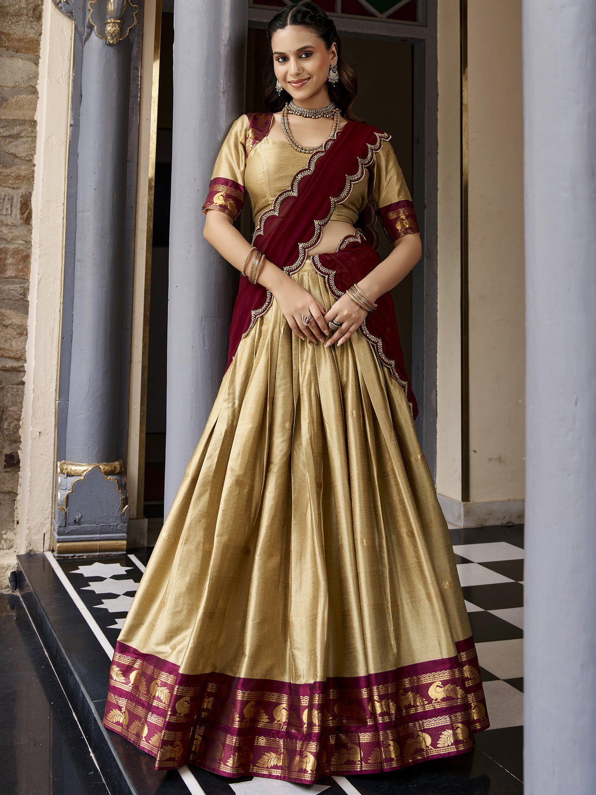 Magnificent Beige Zari Woven Silk Festive Wear Half Saree Lehenga
