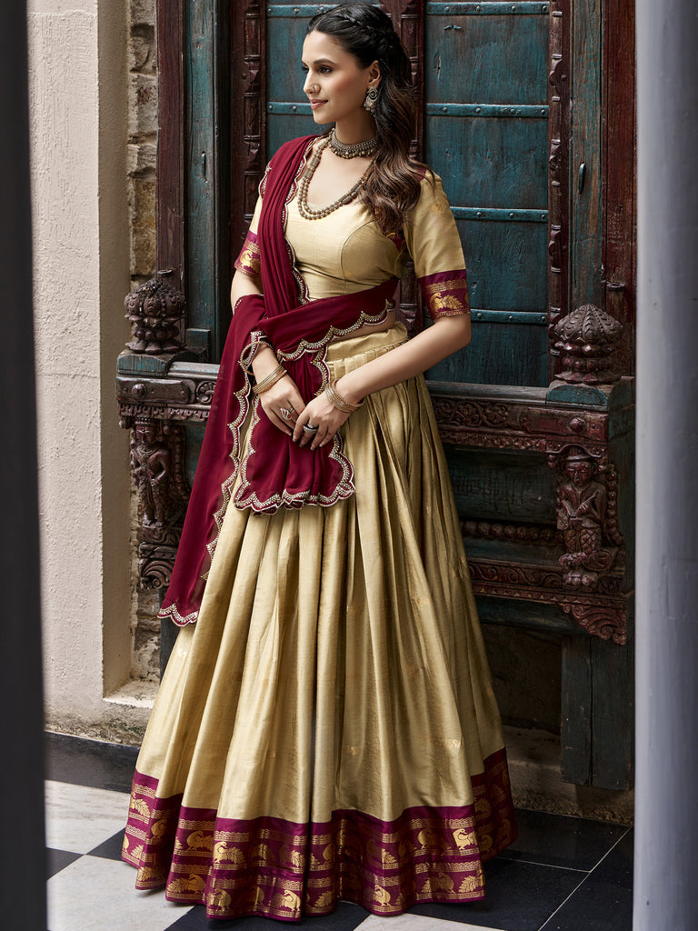 Magnificent Beige Zari Woven Silk Festive Wear Half Saree Lehenga