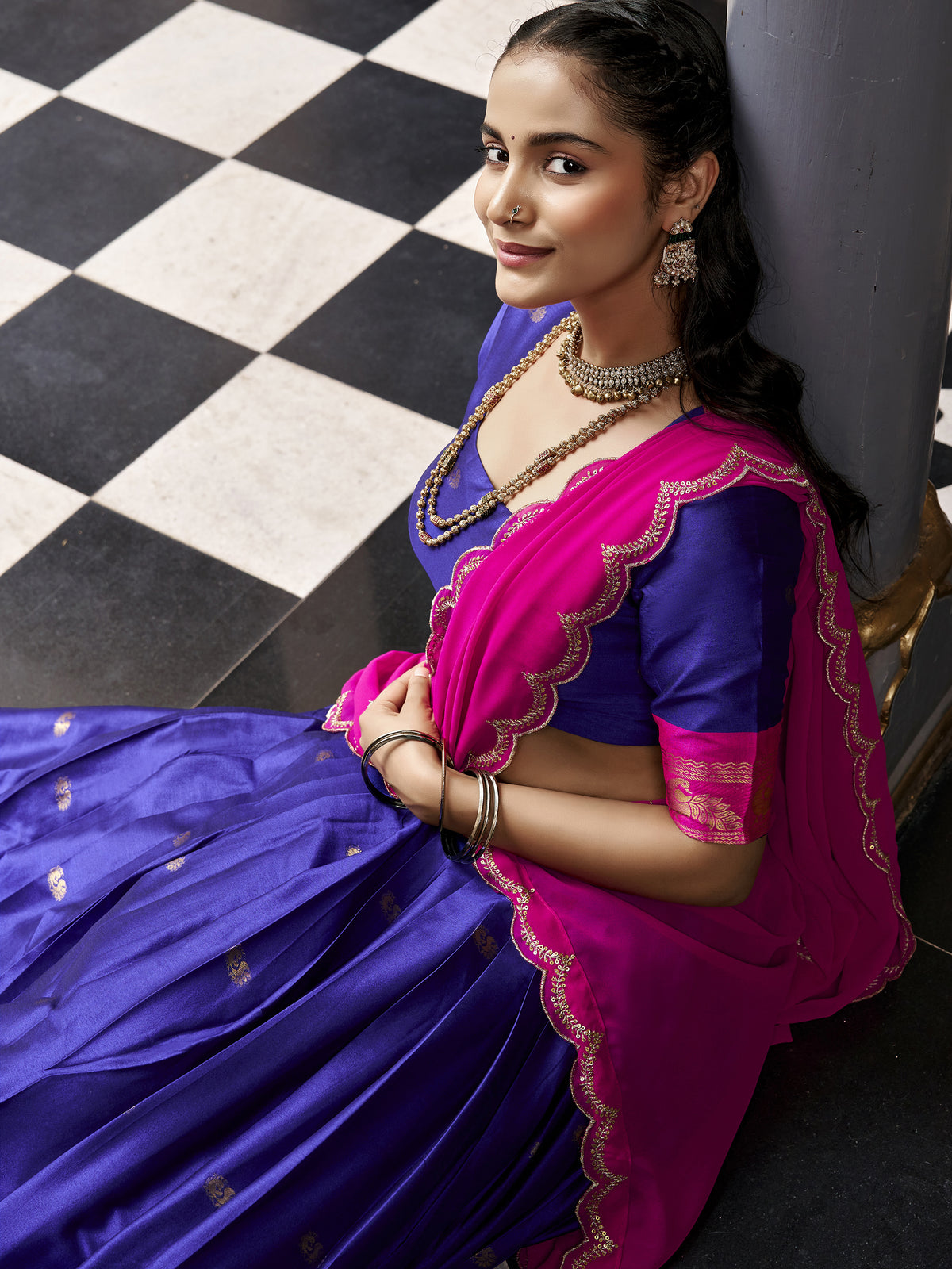 Classic Navy Blue Zari Weaving Silk Traditional Half Saree Lehenga
