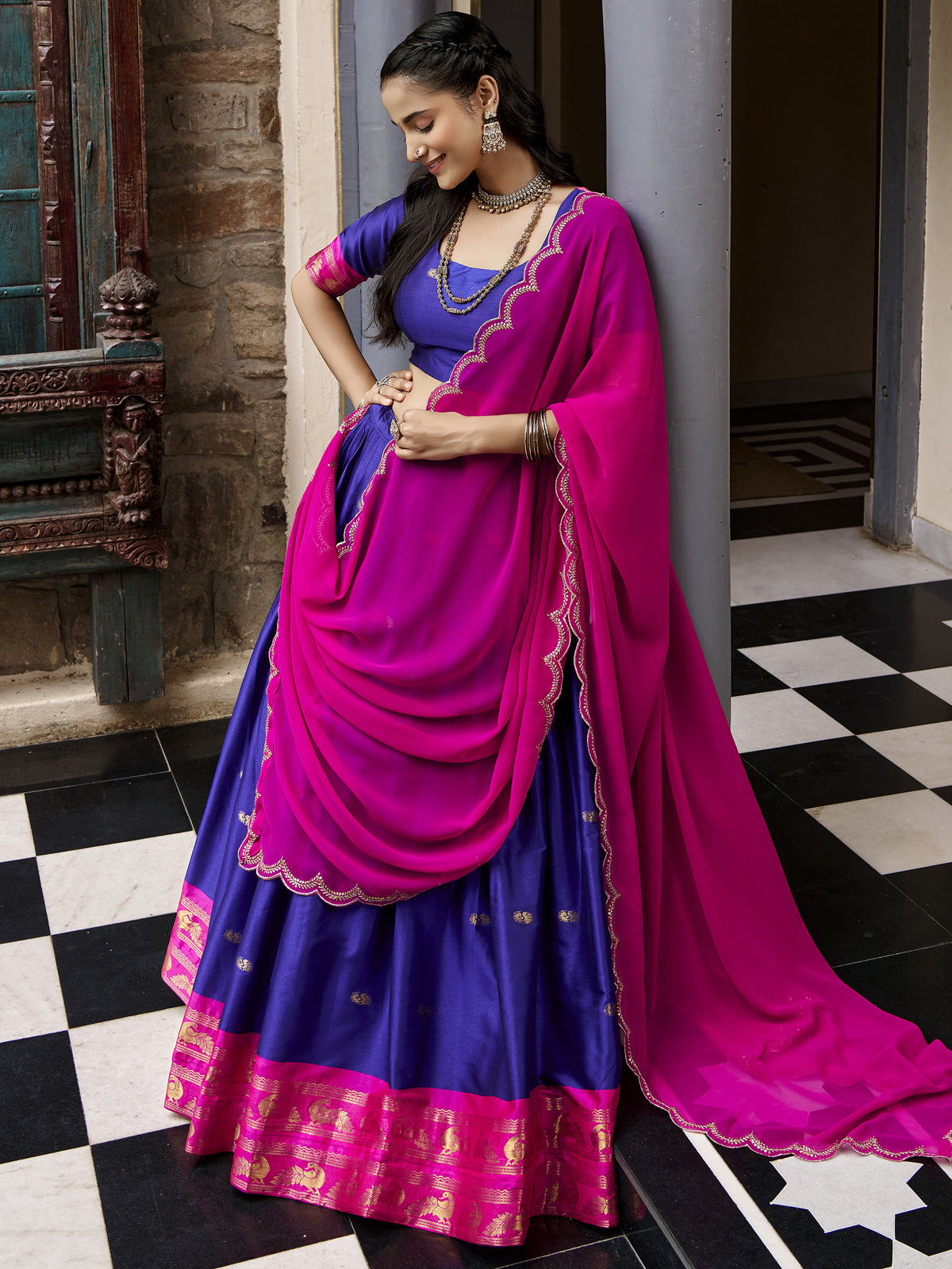 Classic Navy Blue Zari Weaving Silk Traditional Half Saree Lehenga