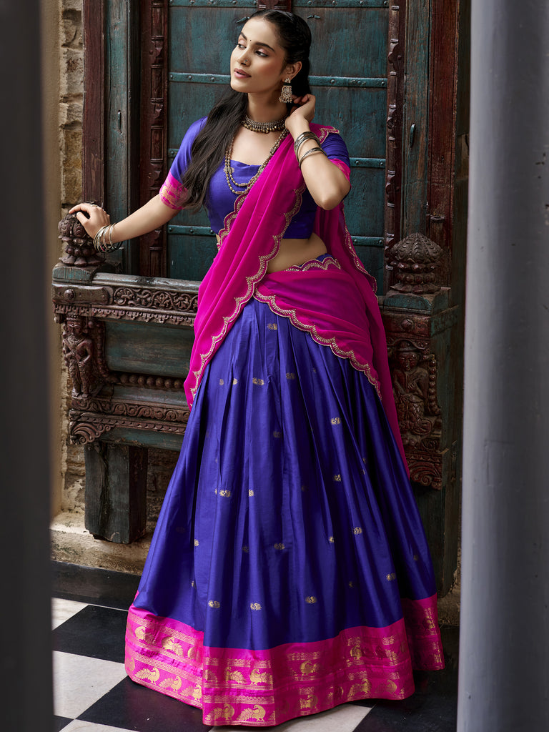 Classic Navy Blue Zari Weaving Silk Traditional Half Saree Lehenga