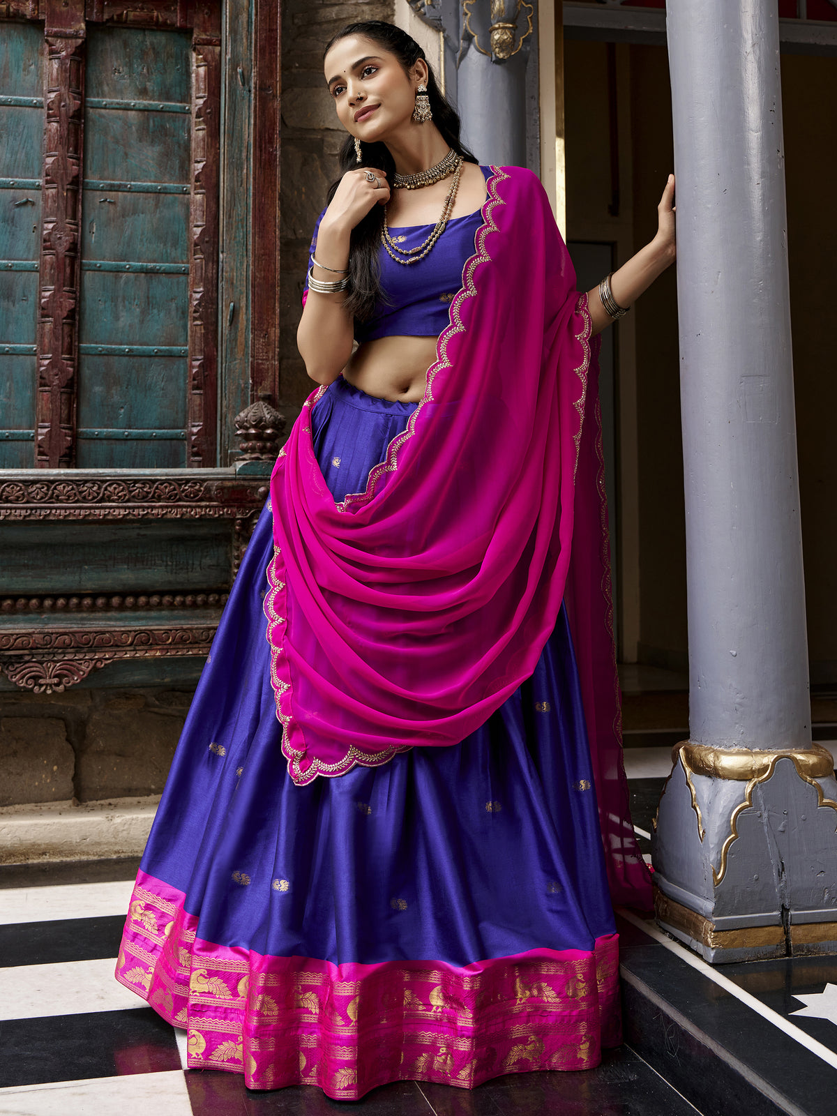 Classic Navy Blue Zari Weaving Silk Traditional Half Saree Lehenga