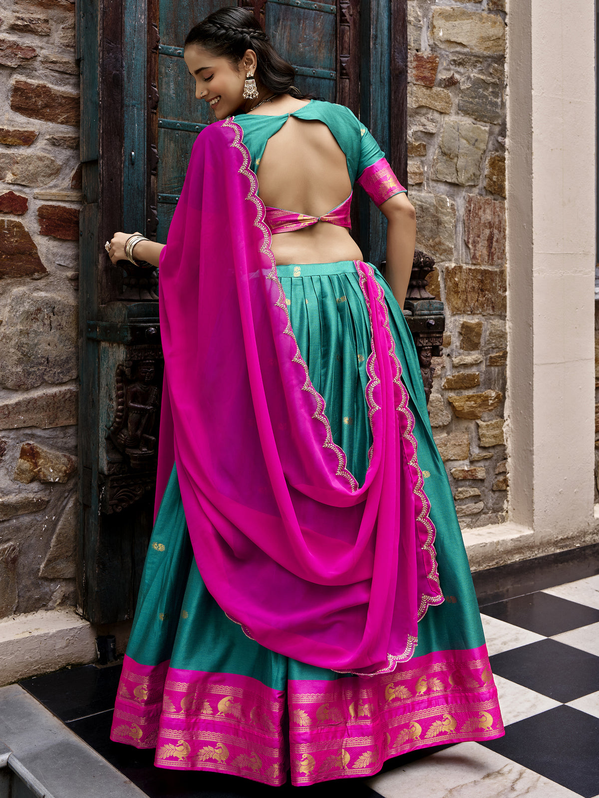 Aesthetics Sea Green Silk Half Saree Lehenga With Embroidered Dupatta