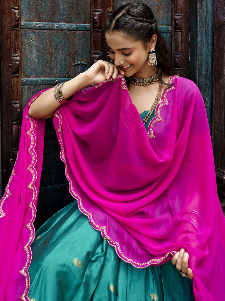 Aesthetics Sea Green Silk Half Saree Lehenga With Embroidered Dupatta