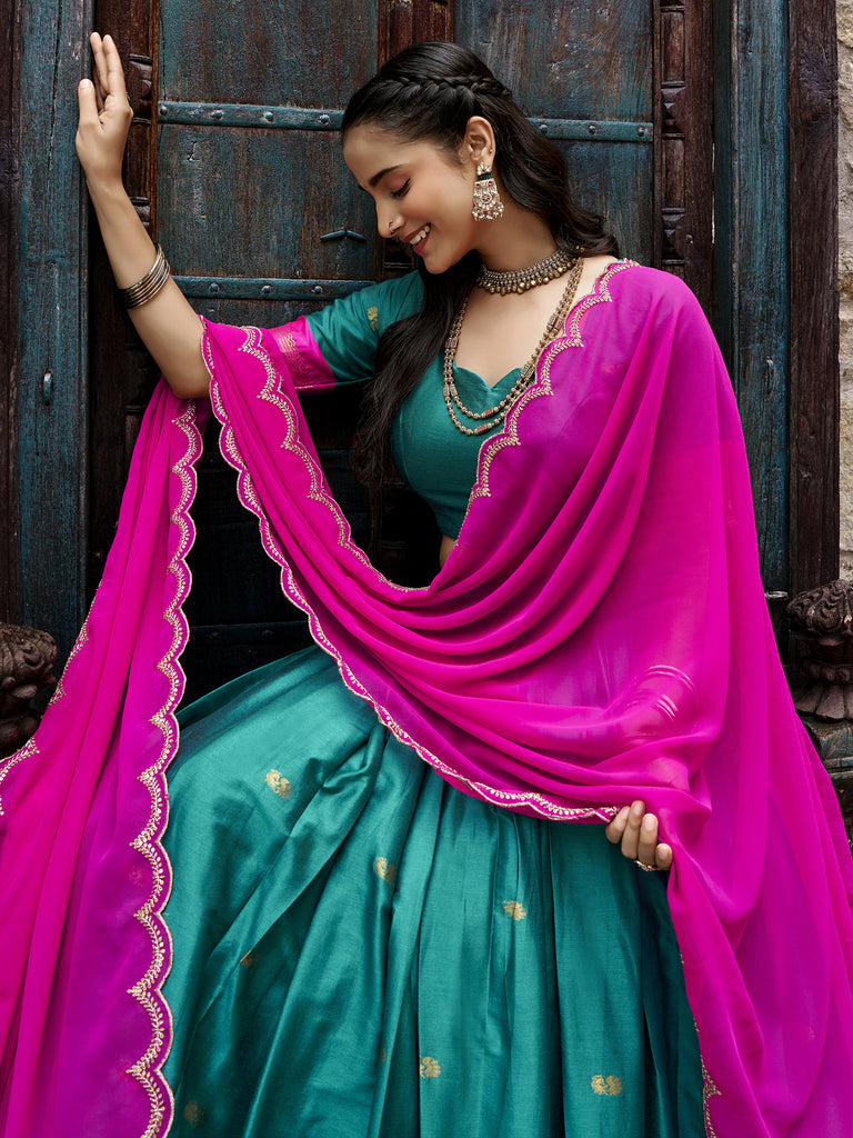 Aesthetics Sea Green Silk Half Saree Lehenga With Embroidered Dupatta