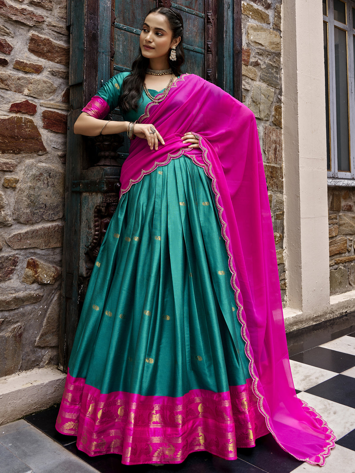Aesthetics Sea Green Silk Half Saree Lehenga With Embroidered Dupatta