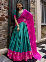 Aesthetics Teal Green Silk Half Saree Lehenga With Embroidered Dupatta
