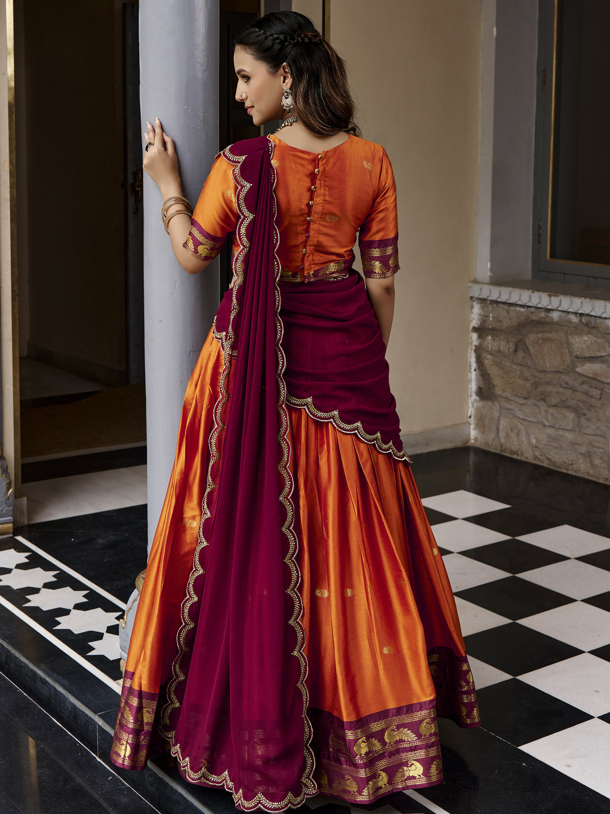 Beautiful Rust Orange Silk Half Saree Lehenga With Sequins Dupatta