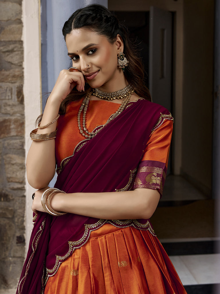 Beautiful Rust Orange Silk Half Saree Lehenga With Sequins Dupatta