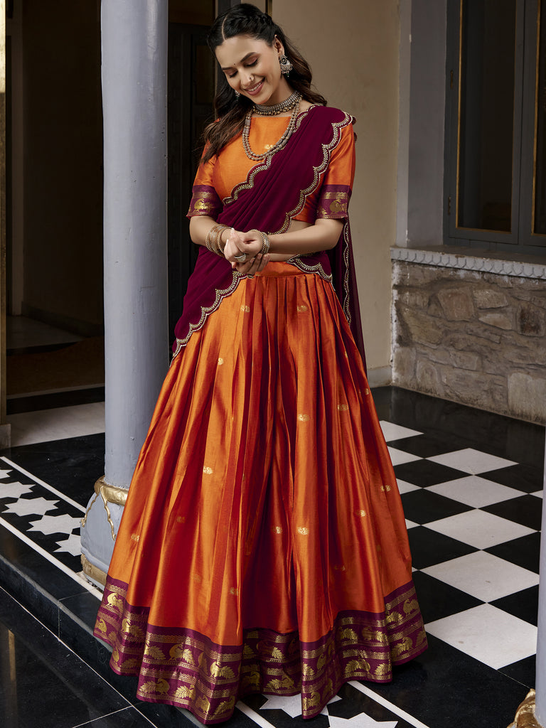 Beautiful Rust Orange Silk Half Saree Lehenga With Sequins Dupatta