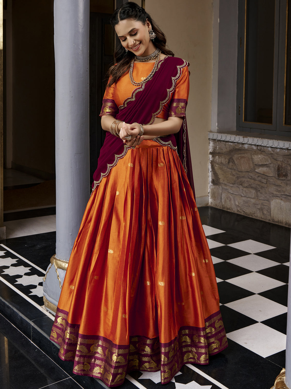 Beautiful Rust Orange Silk Half Saree Lehenga With Sequins Dupatta