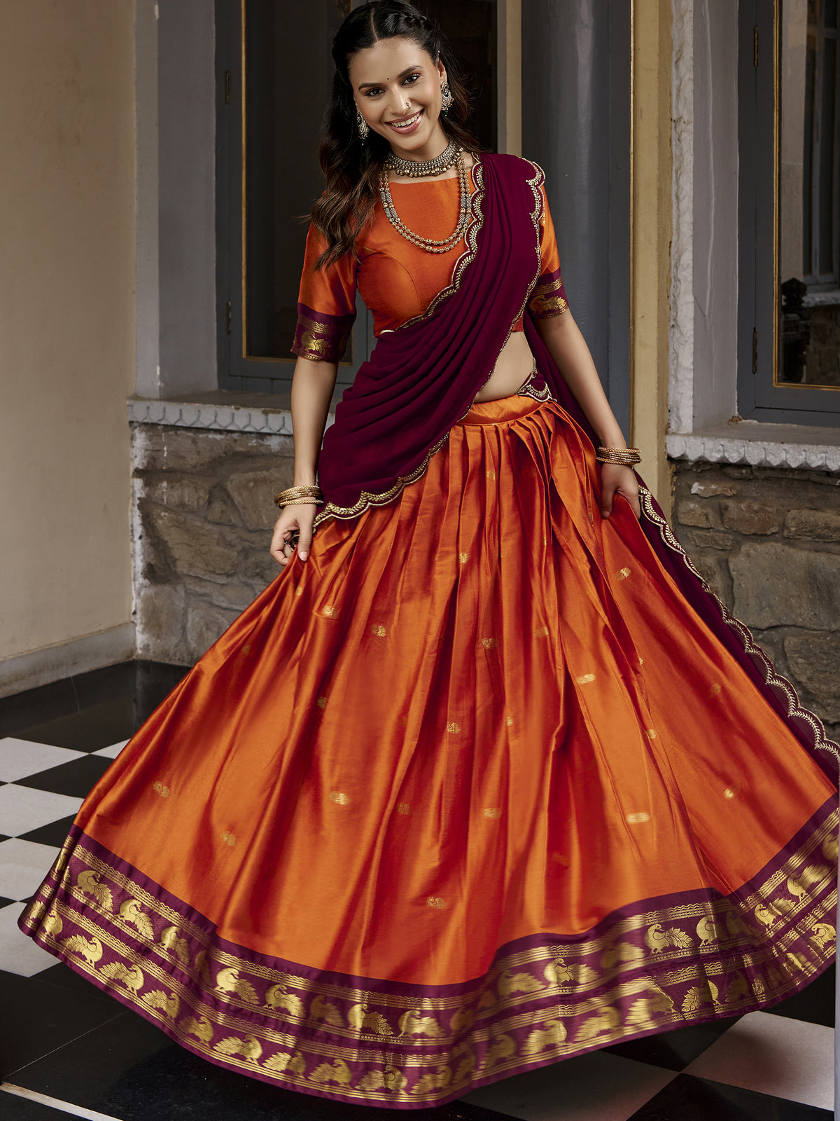 Beautiful Rust Orange Silk Half Saree Lehenga With Sequins Dupatta