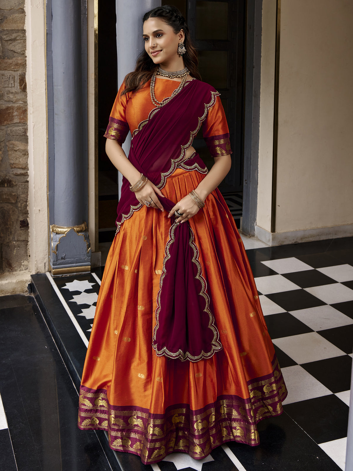 Beautiful Rust Orange Silk Half Saree Lehenga With Sequins Dupatta