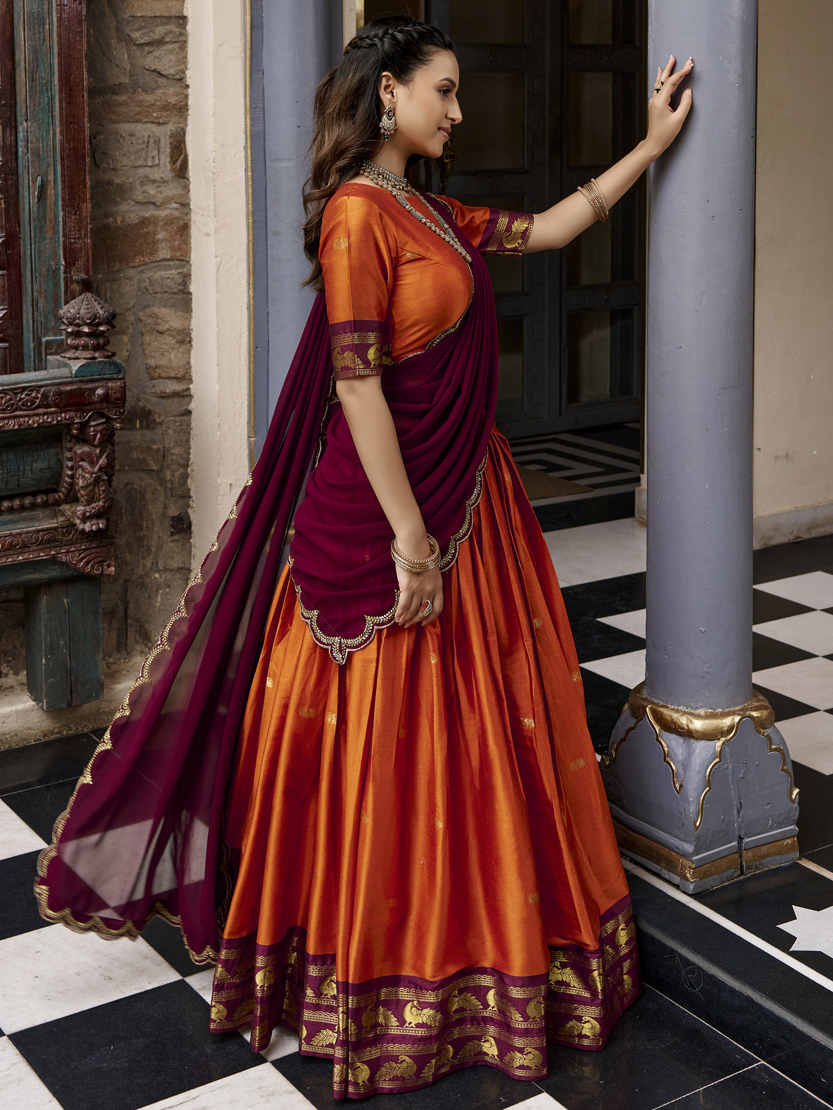 Beautiful Rust Orange Silk Half Saree Lehenga With Sequins Dupatta