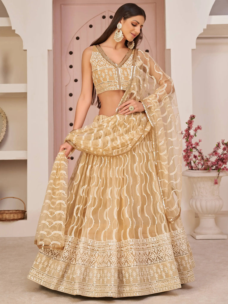 Pretty Beige Embroidered Net Festive Wear Lehenga Choli