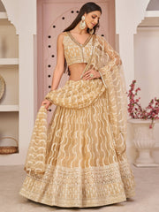 Pretty Beige Embroidered Net Festive Wear Lehenga Choli