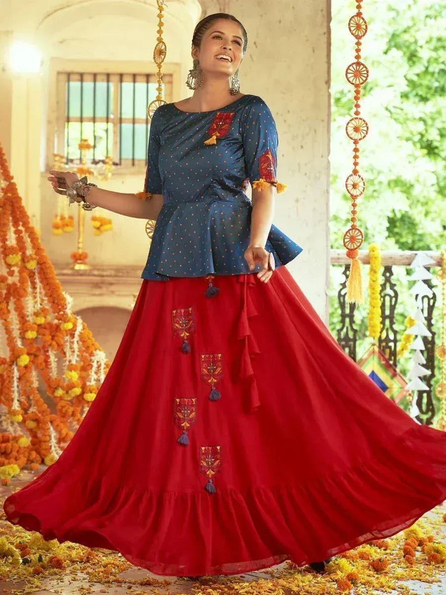Blue polka dot peplum top with red embroidered flared skirt, Indian ethnic wear for festive occasions