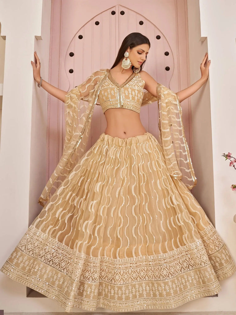 Pretty Beige Embroidered Net Festive Wear Lehenga Choli