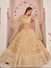 Pretty Beige Embroidered Net Festive Wear Lehenga Choli