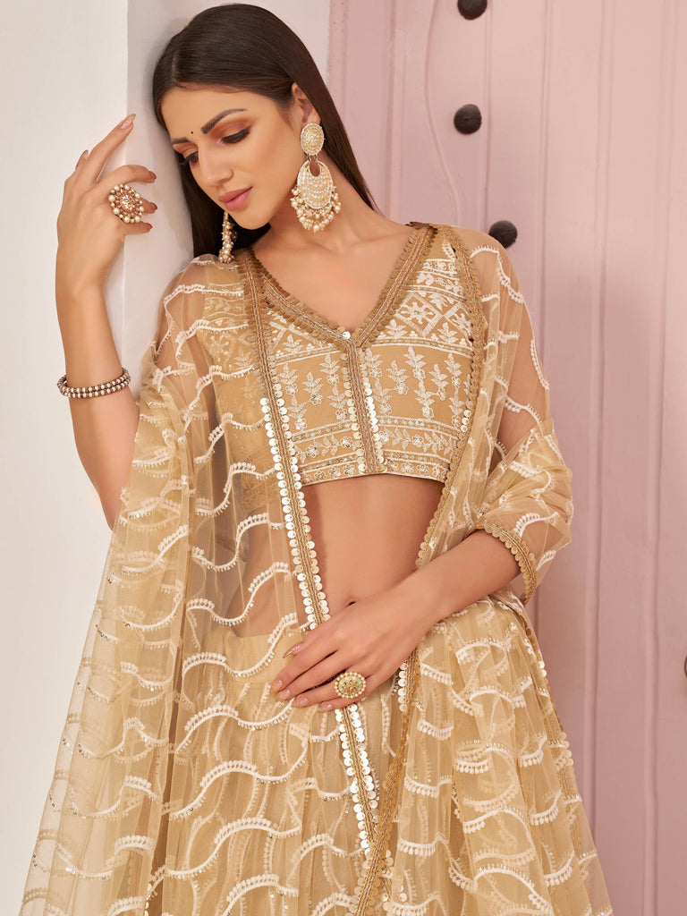 Pretty Beige Embroidered Net Festive Wear Lehenga Choli