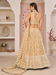 Pretty Beige Embroidered Net Festive Wear Lehenga Choli
