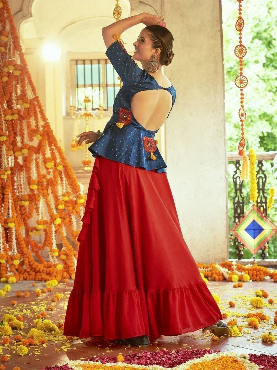 Blue polka dot peplum top with red flared skirt, ethnic Indian wear, floral decor