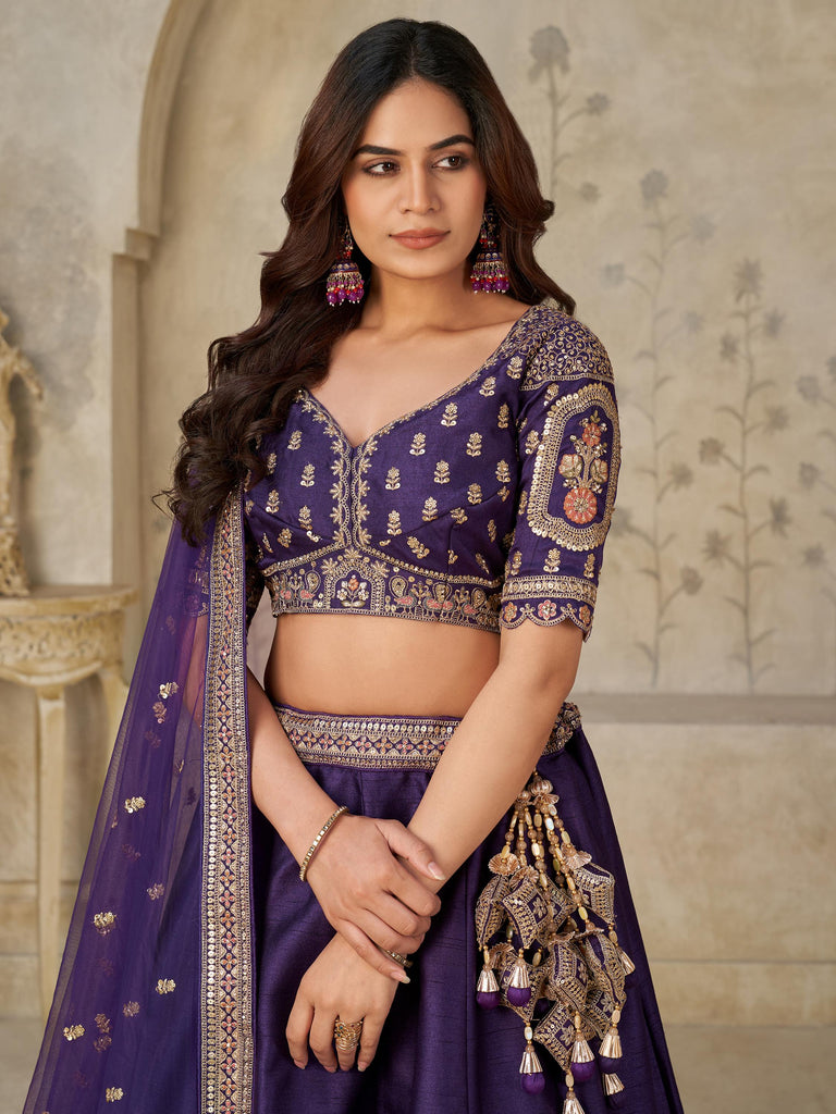 Alluring Purple Sequins Silk Engagement Wear Lehenga Choli With Dupatta