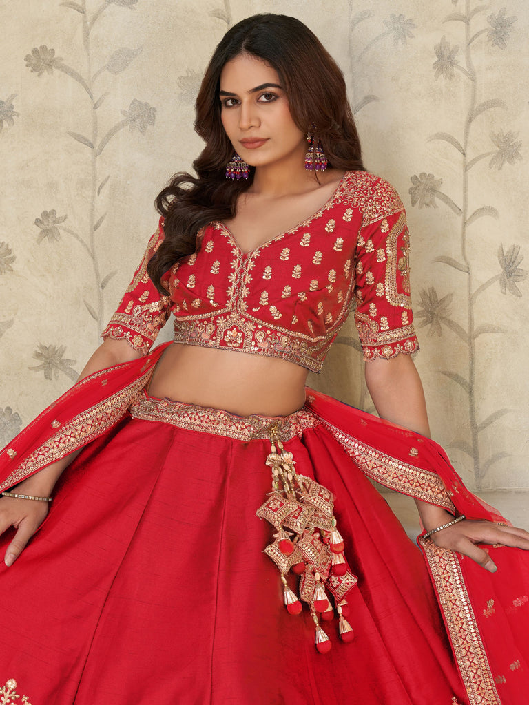 Enchanting Red Zari Embroidered Silk Bridal Wear Lehenga Choli With Dupatta