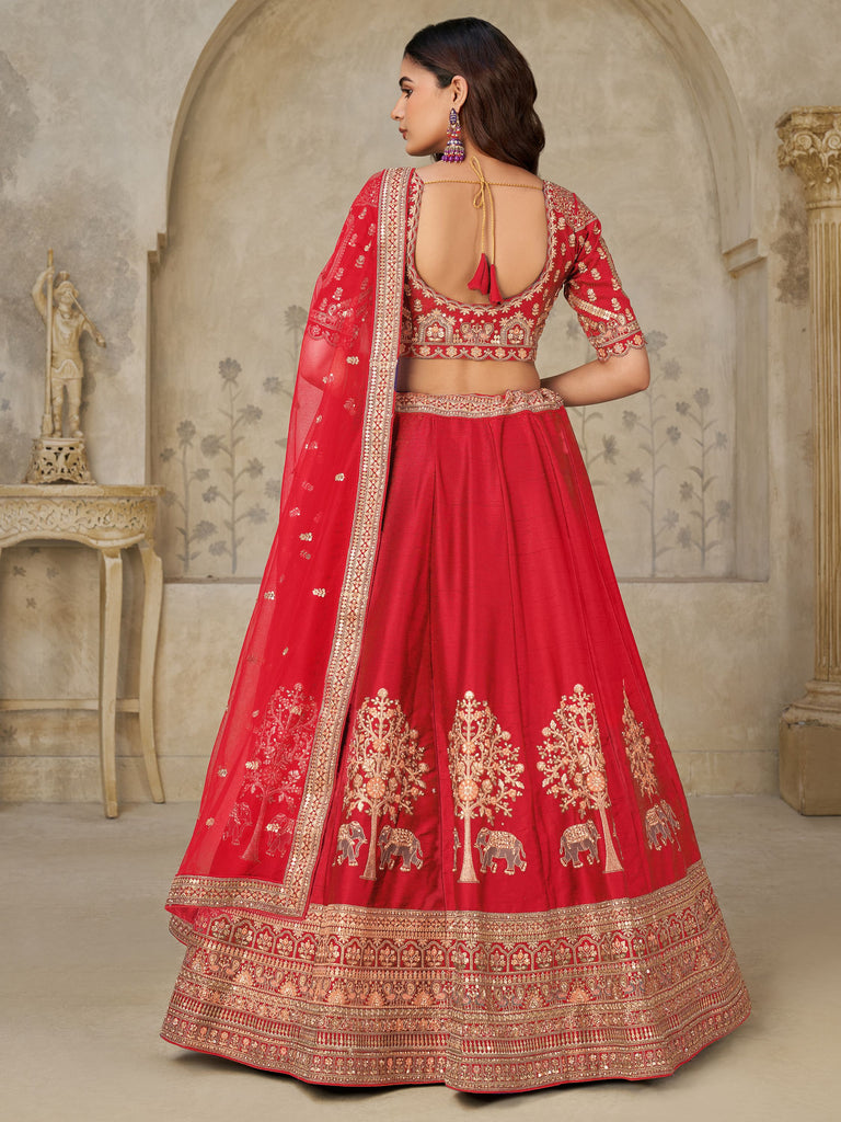 Enchanting Red Zari Embroidered Silk Bridal Wear Lehenga Choli With Dupatta