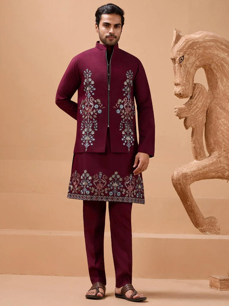 Amazing Maroon Multi Thread Work Silk Men Kurta With Pant And Jacket 