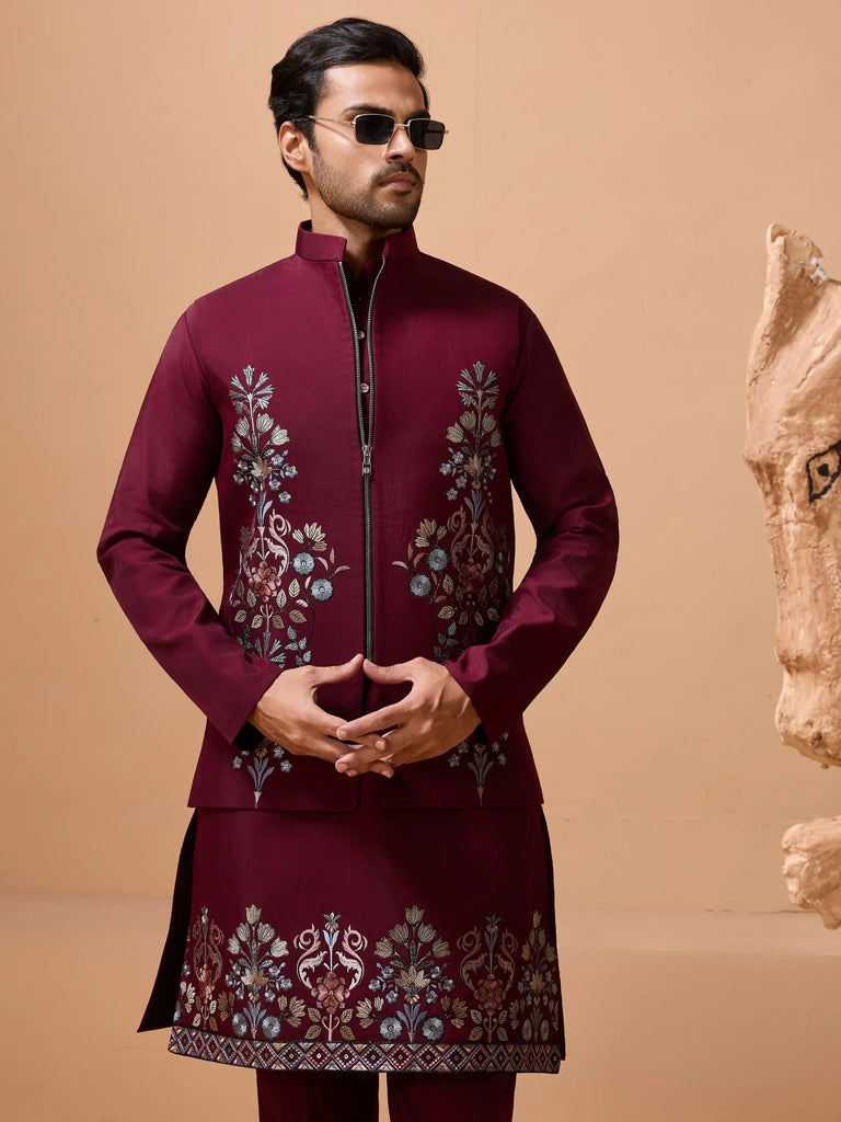 Amazing Maroon Multi Thread Work Silk Men Kurta With Pant And Jacket 
