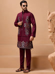 Amazing Maroon Multi Thread Work Silk Men Kurta With Pant And Jacket 