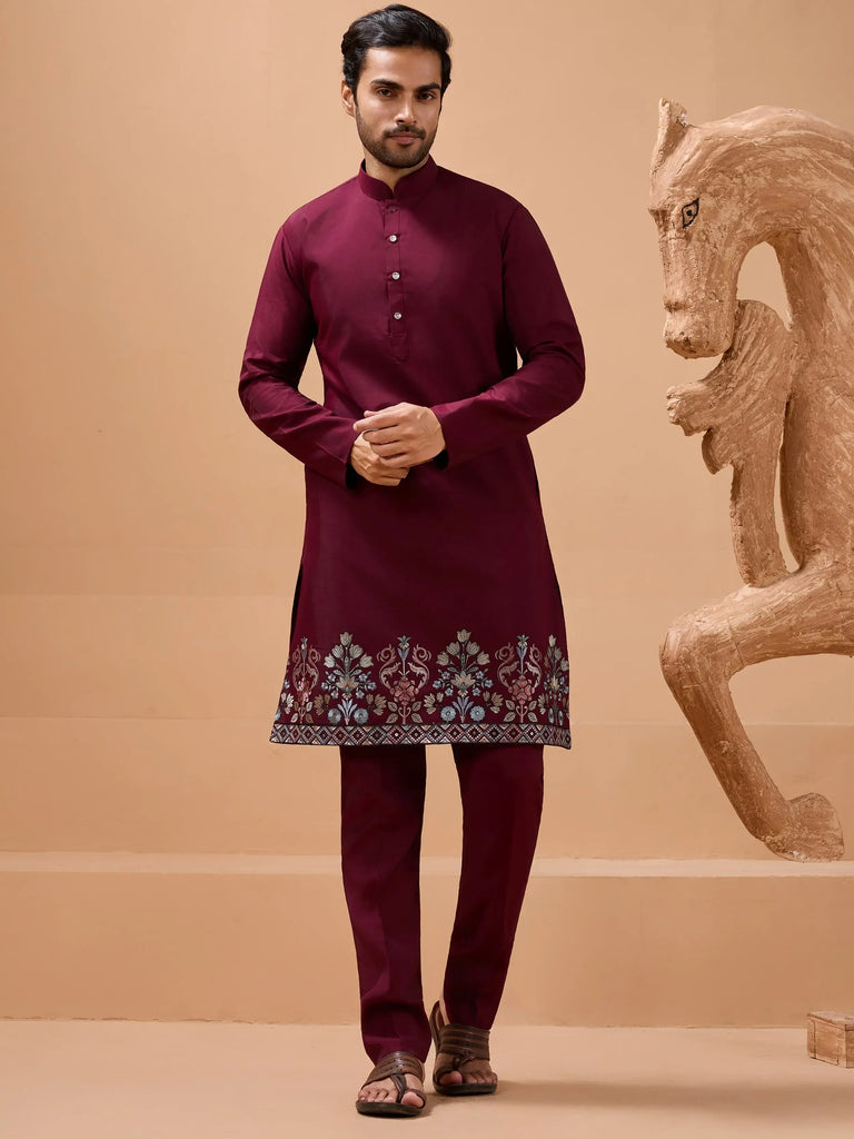 Amazing Maroon Multi Thread Work Silk Men Kurta With Pant And Jacket 