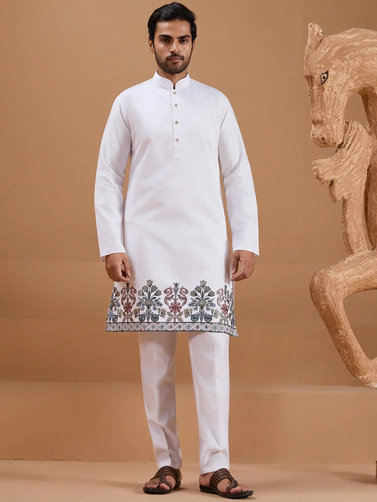 Wonderful White Mens Kurta And Pant With Sequins Embroidered Jacket